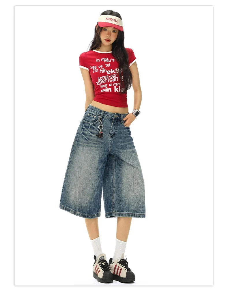 Vintage Washed Loose Straight Leg Denim Capri Men Women Lightning Print Streetwear Shorts
