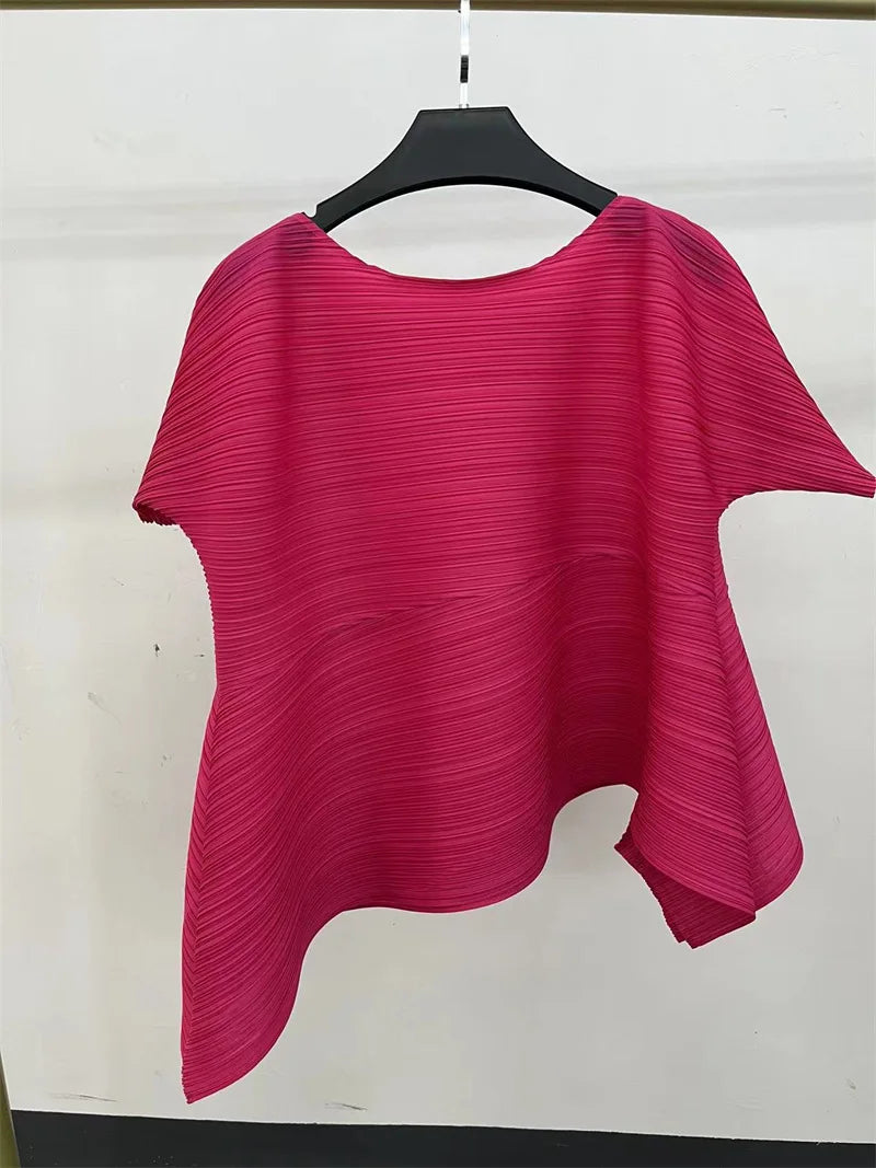 Miyake Irregular Short Sleeve Pleated Top Simple Loose Plus Size with Stretch T-Shirt Vacation Office Clothing Polyester Crepe