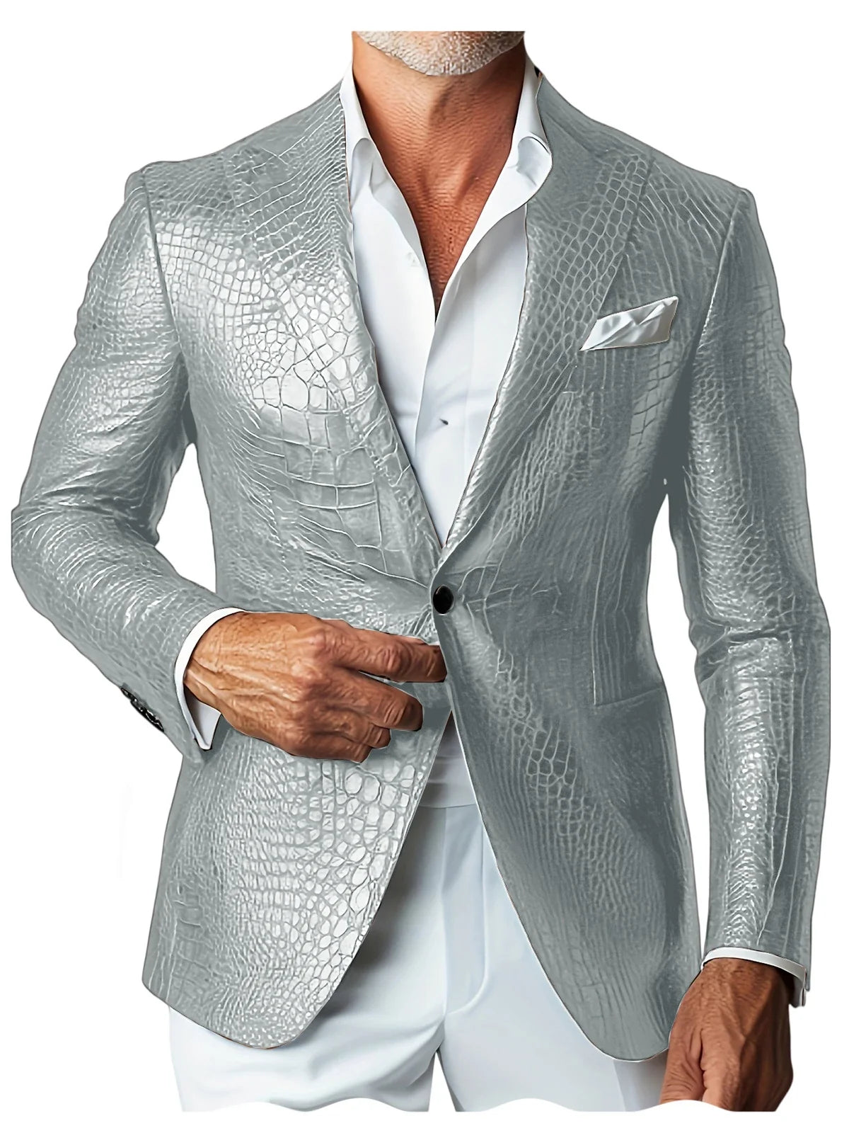 Luxury Men's Crocodile Embossed Leather Blazer Notch Lapel Suit Fit 1 Button Jacket Shiny Croc Print Formal Business Party Coat