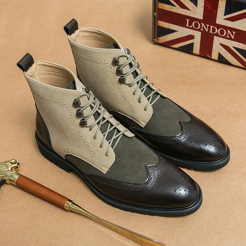 Retro Black Men's Leather Boots 2024 Quality Pointed-Toe Lace-up Men's Dress Boots Plus Size 48 Comfy High Top Men Brogue Shoes