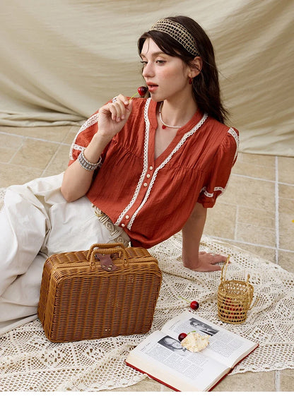 French New Blouses Women Summer New 2025 Short Sleeve V-neck Color Matching Shirts Female Fashion Lazy Style MXE31X1766
