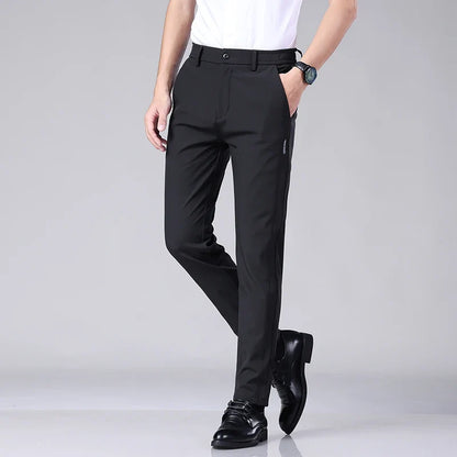 Ultra-thin Elastic Men's Casual Trousers Summer Quick-drying Ice Silk Slim Straight Business Solid Color Trousers Black Gray