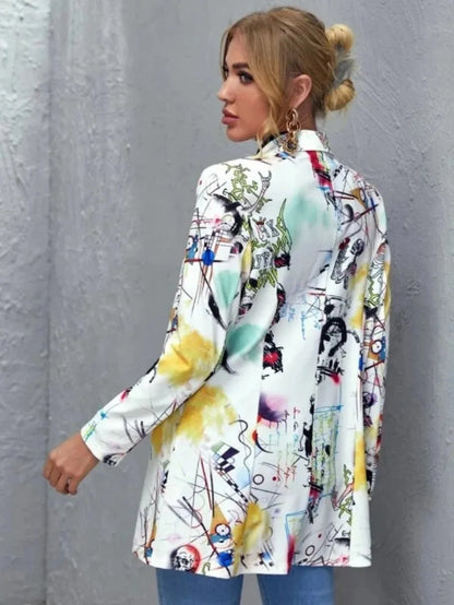 Elegant and Youth Blazer Spring Fashion Vintage Irregular Print Casual Woman Clothing High Street Lapel Blazer Woman Outerwears