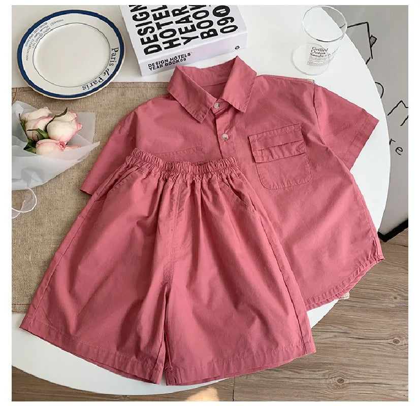 Summer Baby Boys Cotton Stylish Plain Pink Short Sleeve Shirt Top+Shorts Pant Set Kids 2PCS Suit Children Vacation Outfit 1-8Yr