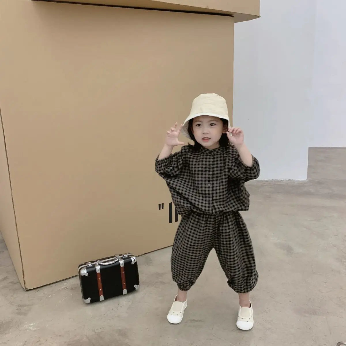 Kid Girls Korean Style Cotton Linen Suits Spring Autumn 2026 New Summer Baby Girl Fashion Casual Plaid 7-point Sleeve 2pcs Sets