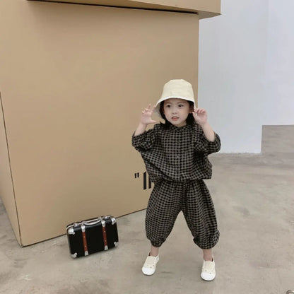Kid Girls Korean Style Cotton Linen Suits Spring Autumn 2026 New Summer Baby Girl Fashion Casual Plaid 7-point Sleeve 2pcs Sets
