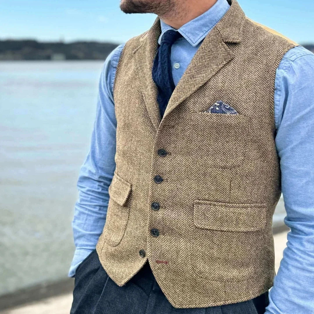 Men Vest Khaki Herringbone Single Button With Lapel Waistcoat For Banquet Party Business Office Work Casual Daily Men Suit Vest