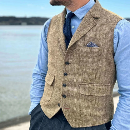 Men Vest Khaki Herringbone Single Button With Lapel Waistcoat For Banquet Party Business Office Work Casual Daily Men Suit Vest
