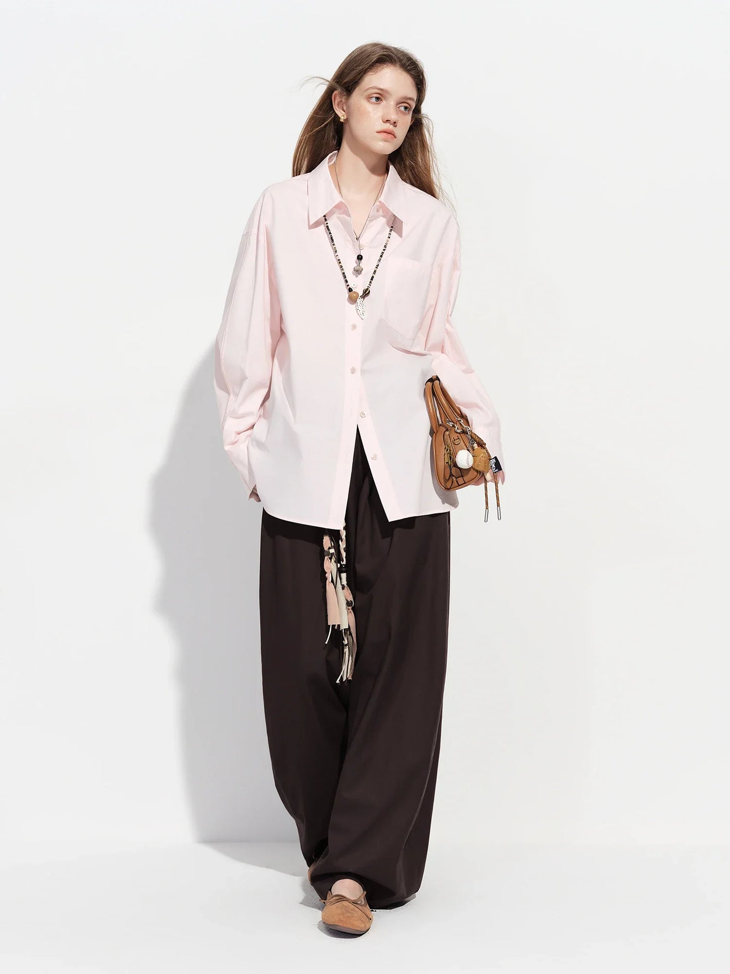 Women's French Loose Fit Cotton Shirt Long Sleeve Layering Top with Web Strap Detail Casual Oversized Blouse