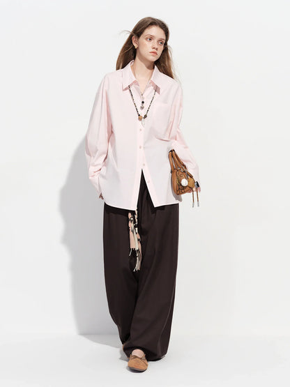 Women's French Loose Fit Cotton Shirt Long Sleeve Layering Top with Web Strap Detail Casual Oversized Blouse