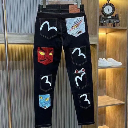 Mens Jeans Harajuku Fortune God Print Multi Pocket Denim Pants New Workwear Cargo Trousers Casual Streetwear Fashion Autumn New