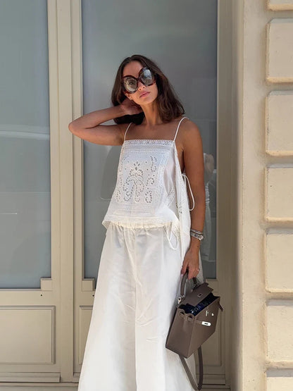 Thin Strap Square Neck Hollow Embroidery Women Cami Top Back Self Tie String Irregular Asymmetrical Lace Hem Loose Cropped Tank
