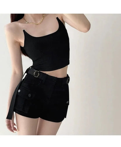 Women Military Green Denim Cargo Shorts Summer High Waisted Loose Wide Leg Y2K Hot Girl Casual Short Pants with Pockets
