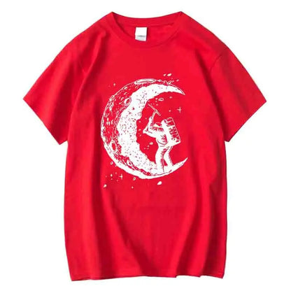 Men's High Quality Cotton Blend Moon Print Casual Summer Cool Short Sleeve Men Tshirt Loose t-shirt Male Tee Shirts Male Tee Top