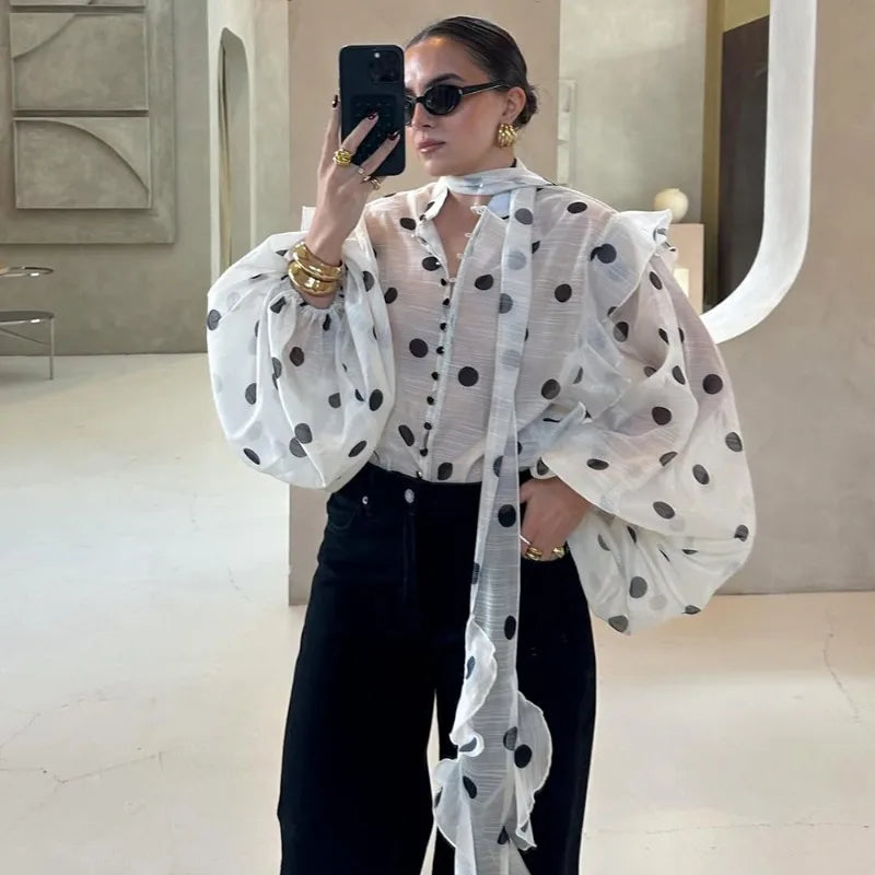 Ticketsx Polka Dot Ruffled Shirts Fashion Contrast Lace Up See Through Button Blouse Top Elegant Party High Street Women Shirt