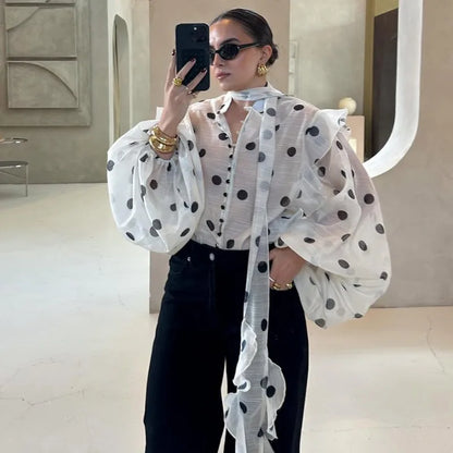 Ticketsx Polka Dot Ruffled Shirts Fashion Contrast Lace Up See Through Button Blouse Top Elegant Party High Street Women Shirt