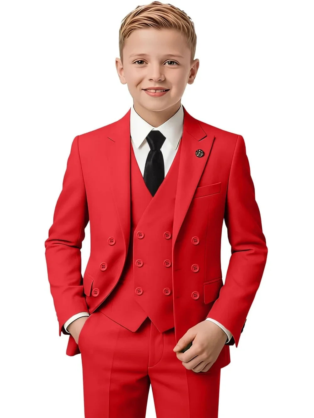New Hot Sale Boys Slim Fit Tuxedo 3 Pieces Piano Performance Wear Double Breasted Kids Suit Set Banquet Party Outfit Plus Size