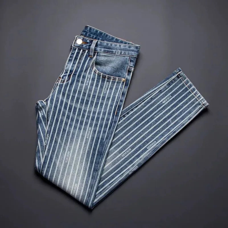 Autumn and Spring Fashion American Vintage Straight-leg Striped Jeans Men's Casual Comfortable Sports High-quality Denim Pants
