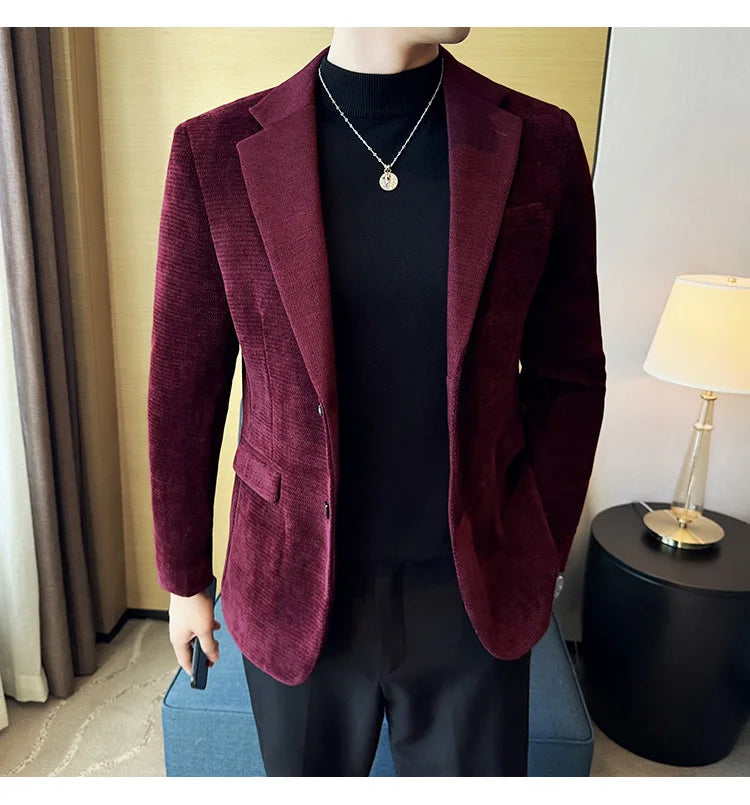 Autumn Winter Fashion Seaweed Pattern Suit Jacket High Quality Luxury Slim Fit Casual Men's Blazers Coats Social Prom Tuxedo