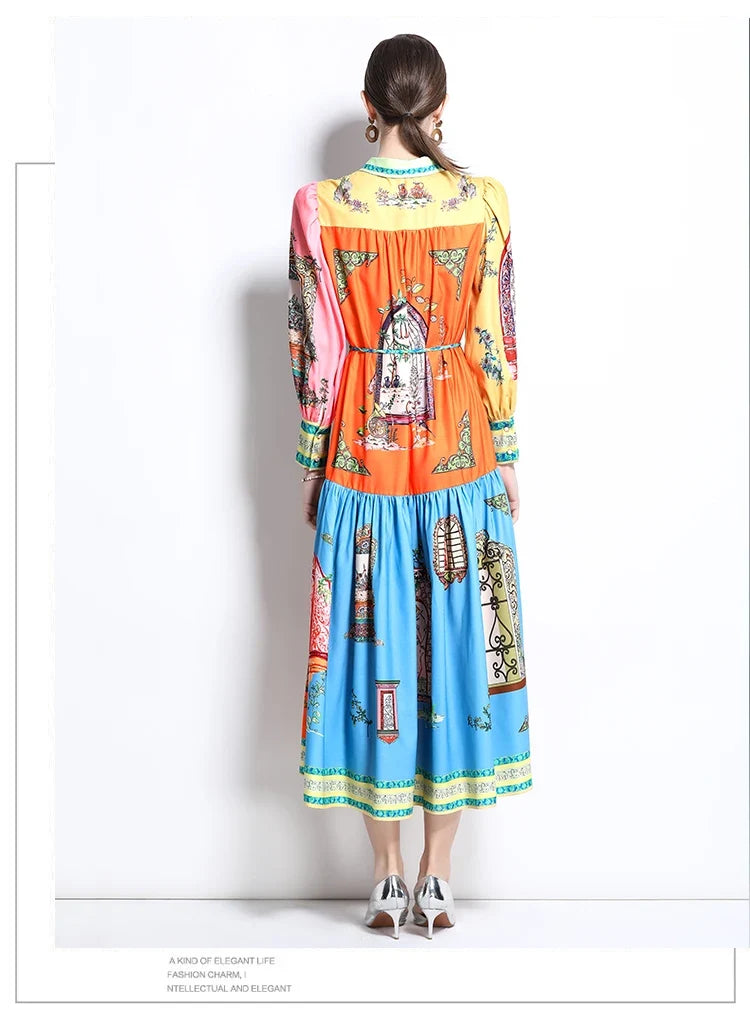 French Court Style Long Sleeve Dress Luxury Vintage Lapel Midi Dress Women Elegant Button-up Belted Party Dress Vestidos