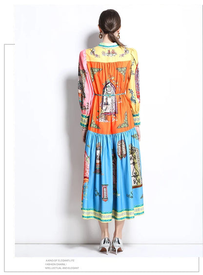 French Court Style Long Sleeve Dress Luxury Vintage Lapel Midi Dress Women Elegant Button-up Belted Party Dress Vestidos