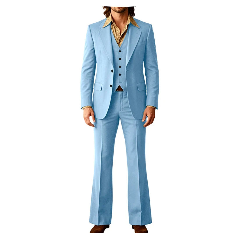 Retro Men's Linen 3 Piece Notch Lapel 2 buttons Jacket Flared Trouser Breathable Elastic for Casual Beach Wedding Groom Tuxedo
