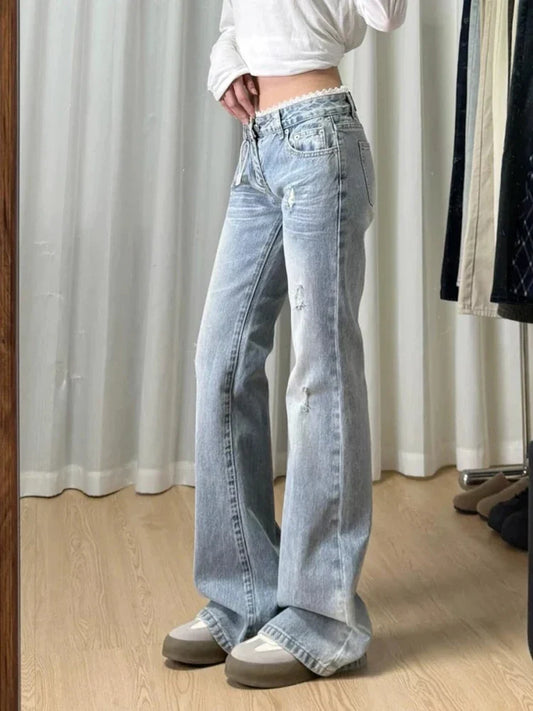 plus Size High Waist Blue Denim Jeans Women's Straight Leg Bootcut Pants Spring Summer Faion Retro American Sle