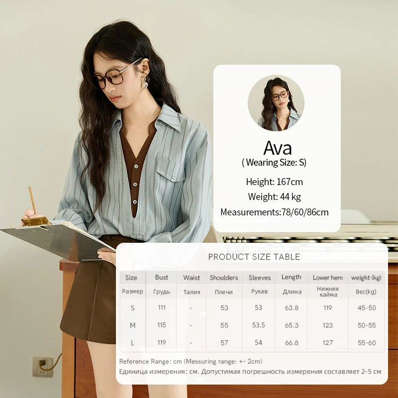 Peach Skin Velvet Stripe Shirt for Women Autumn 2025 Double Layered Collar Contrasting Color Shirt Commute Top MXE47C2408