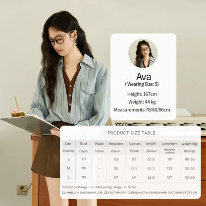 Peach Skin Velvet Stripe Shirt for Women Autumn 2025 Double Layered Collar Contrasting Color Shirt Commute Top MXE47C2408