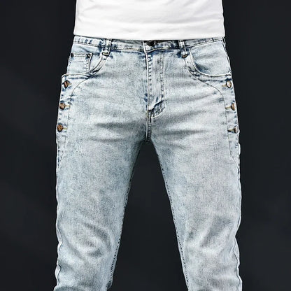 Slim Skinny Jeans Men New Elastic Korean Design Fashion Multi-Button Blue White Vintage Wash Cotton Stretch Denim Pants Trousers