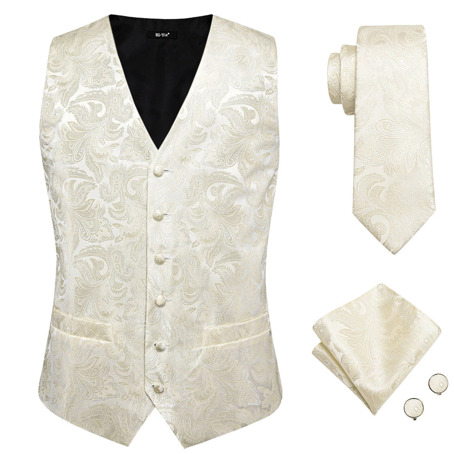 Designer Beige Champagne Ivory Khaki Mens Vest Necktie Set Jacquard Waistcoat Jacket Tie Hankerchief Cufflinks for Men Gift
