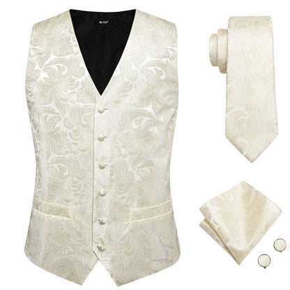 Designer Beige Champagne Ivory Khaki Mens Vest Necktie Set Jacquard Waistcoat Jacket Tie Hankerchief Cufflinks for Men Gift