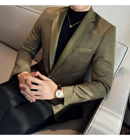 High Quality Deerskin Velvet Splicing Leather Collar Suit Blazers Men Casual Business Slim Coats Mens Social Wedding Clothing