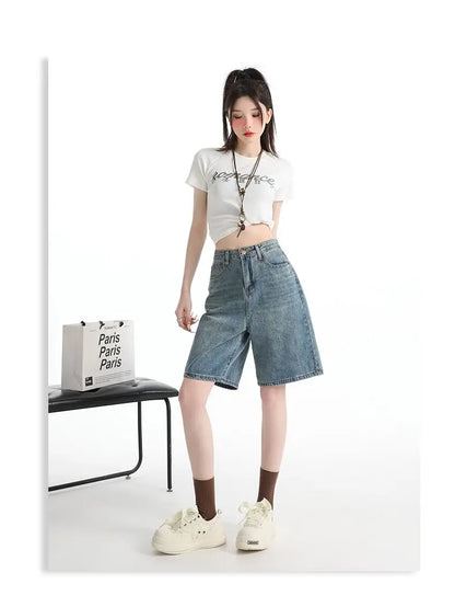 Women's High Waist Wide Leg  Y2K American Retro Washed Five-Point Denim Shorts Summer Loose Slim Straight Cut Mid-Length Pants