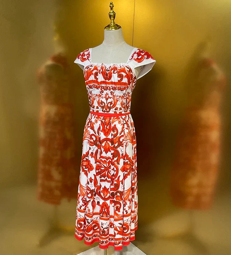2026 Summer Women's New Fashionable Square Neck Short Sleeve Cotton Printed Waist cinching Mid length Dress