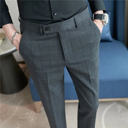 2026 Classic Men's Slim Fit Plaid Striped Casual Pants Fashion Business Slim Fit Suit Pants Formal Groom Wedding Dress Trousers