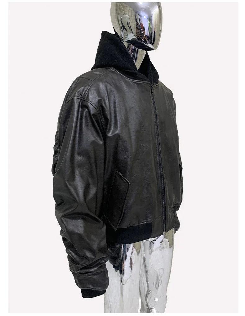 Spring Oversized Vintage Black Faux Suede Leather Jacket Men Zipper Fake 2 Piece Luxury Designer Clothes Hoodie 2024