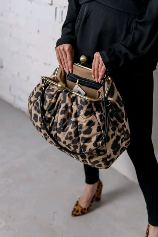 LOST IN VINTAGE Leopard Print Animals Fabric Soft Smooth Owl Bag Balls Bronze Kiss-lock Large Purse Clutch Large 43x40x13cm