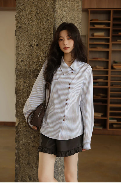 Women's Striped Asymmetric Shirt 2025 Autumn New Arrival Vintage Loose Long Sleeve Tops Commuter Woman Clothes MXE42C2375