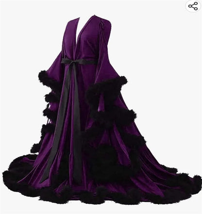 Feather Satin Women Prom Dress Sexy V Neck Full Sleeves Satin Wedding Sleepwear Evening Gown Customized Formal Bridal Robe