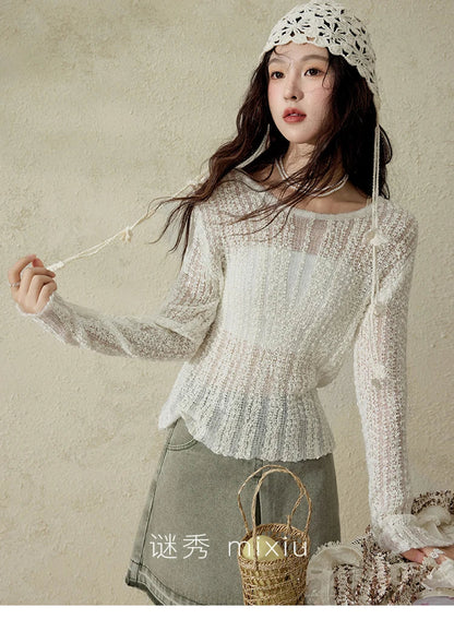 Women 's Apricot White Hollow Knitted Sweater Spring 2025 Mohair Cover Drop Sleeve Top Strapless Slim Tube Top MXE12Z1120