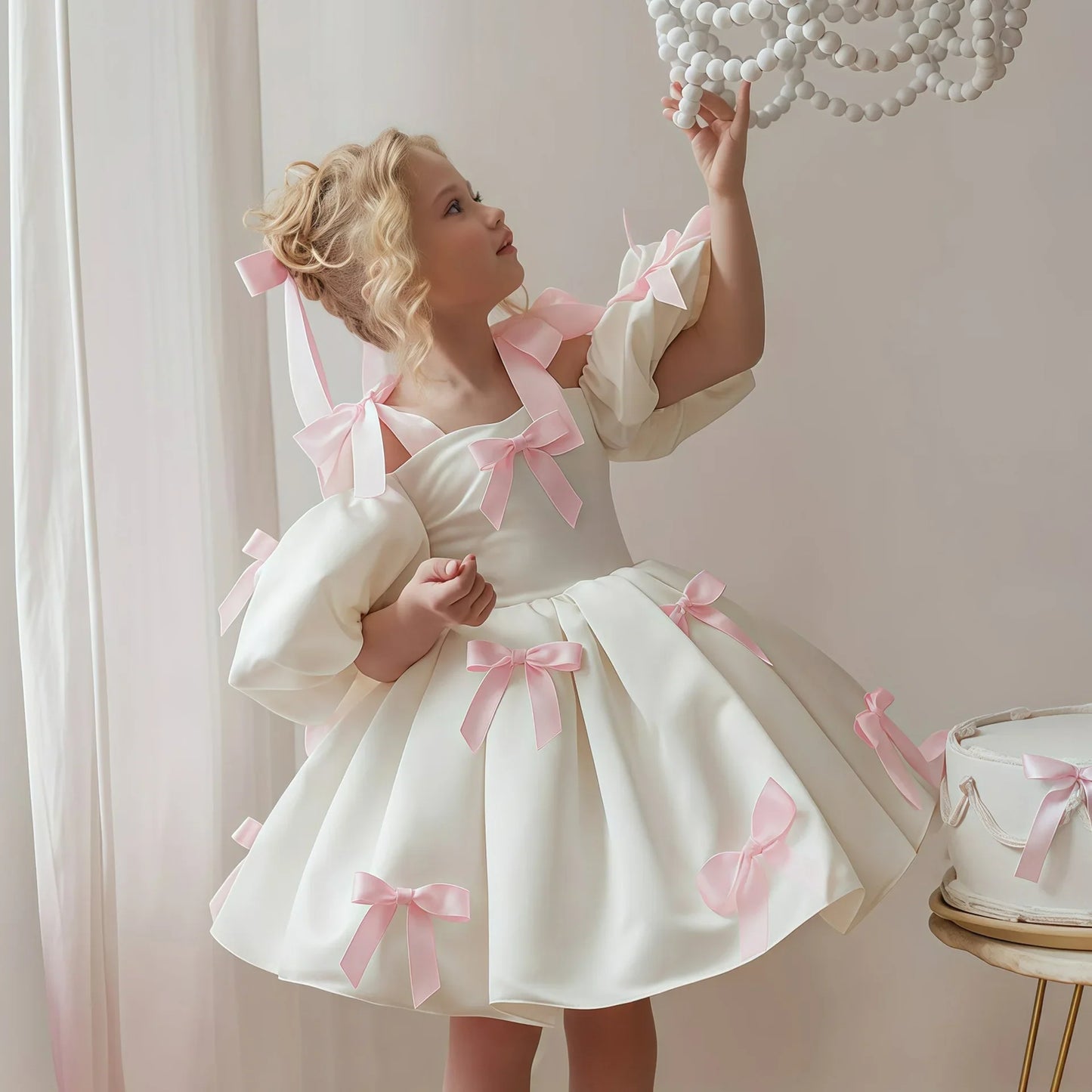 Girls Skirt 2026 Spring Summer New Childrens Clothes Girls Baby Fashion Sweet Gorgeous Bubble Sleeve Bow Princess Dress