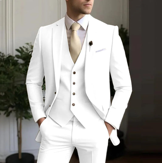 Men's White/Black Terno Suit with Notch Lapel 3-Piece Wedding/Business Man Clothing(Jacket Pants Vest)for Home Party Occasions