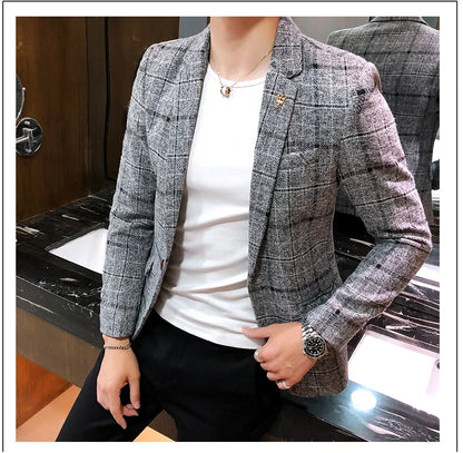 Men Checked Suit Jacket 2023 Spring New Linen Slim Suit Jacket Fashion One-button Business Casual Jacket Large M-5XL Suit Jacket