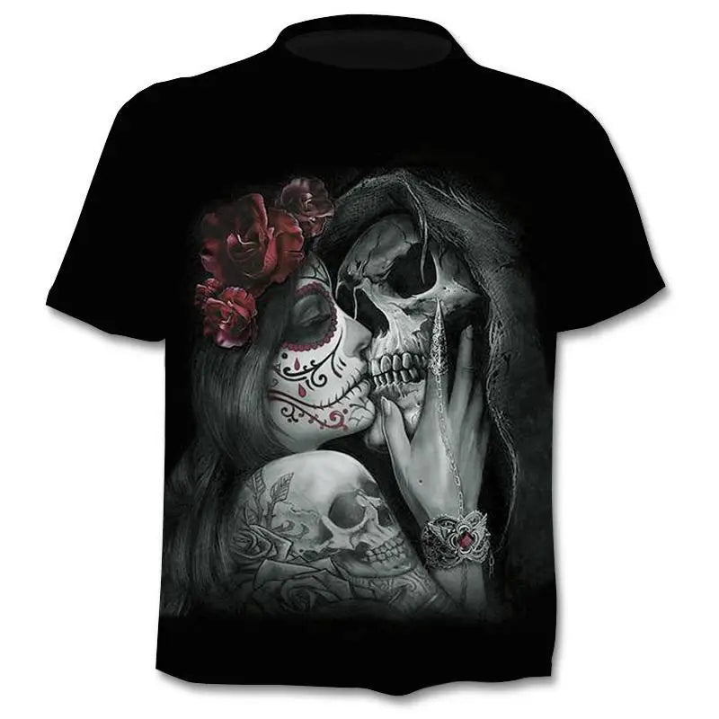 New retro street punk motorcycle men's T-shirt 3D shirt casual fashion hip-hop horror short sleeved round neck men's clothing