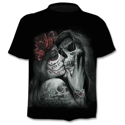 New retro street punk motorcycle men's T-shirt 3D shirt casual fashion hip-hop horror short sleeved round neck men's clothing