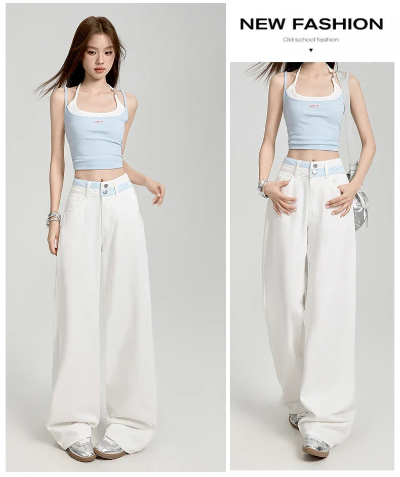 Loose Casual Wide Leg Denim Pants Summer New Thin 100% Cotton Women's High Waist Y2K Contrast Stitching All Match Baggy Jeans