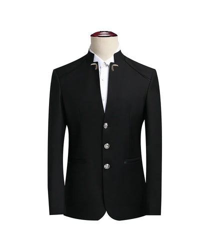 2026 New Men's Stand Collar Long Sleeve Suit Jacket, Asian Size Chinese-Style Slim-Fit Blazer in Dark Blue/Red/Grey/Black/White