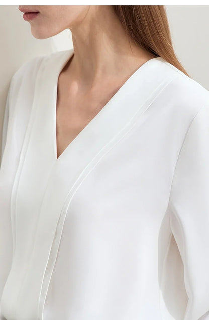 Autumn New Elegant Blouses Women 2025 V-neck Solid Long Sleeve Shirts Female Fashion Office Lady Straight Clothing 12521087