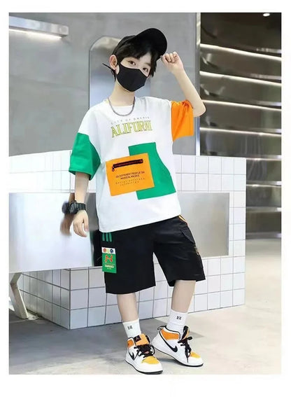Summer Boys Clothes Sets Teenager Casual Outfits Kids Print T-shirt +Shorts 2Pcs Children Short Sleeve Tracksuit Suits 5-12 Year